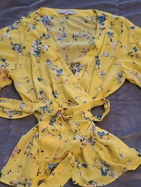 LOFT Yellow Floral Wrap Blouse